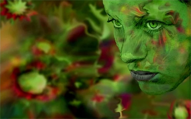 Porträt einer Frau mit grünen Augen vor einer abstrakten Komposition aus grünen und roten Formen. Die digitale Bearbeitung verbindet Gesicht und Hintergrund zu einer surrealen Bildwelt.