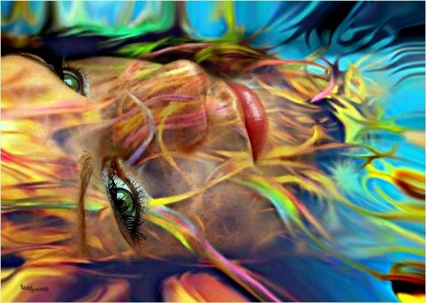 Porträt einer Frau, überlagert von farbenfrohen Licht- und Farbstrukturen. Die surrealen Formen verschmelzen mit dem Gesicht zu einer traumartigen Komposition.