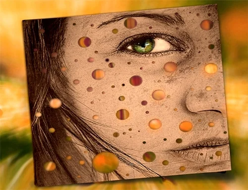 Zeichnerisches Porträt einer Frau mit grünem Auge, überlagert von schwebenden Kreisen und warmen Farbtönen. Die digitale Komposition verbindet Illustration und Fotografie.