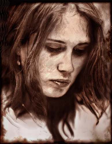 Sepiafarbenes Porträt einer nachdenklichen Frau mit gesenktem Blick. Die malerische Bearbeitung und die warmen Farbtöne verleihen dem Bild eine ruhige und melancholische Stimmung.