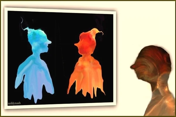 Eine stilisierte Figur betrachtet ein Gemälde mit zwei farbigen Silhouetten vor dunklem Hintergrund. Die surreale Komposition spielt mit Wahrnehmung, Identität und Kunst.