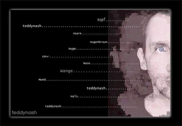 Halbes Porträt eines Mannes mit beschrifteten Gesichtspartien vor schwarzem Hintergrund. Die grafische Darstellung verbindet Selbstporträt und digitale Bildanalyse.