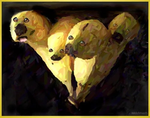 Vier stilisierte Hunde erscheinen in einer malerischen digitalen Darstellung vor dunklem Hintergrund. Die warme Farbgebung verleiht dem Bild eine freundliche Ausstrahlung.