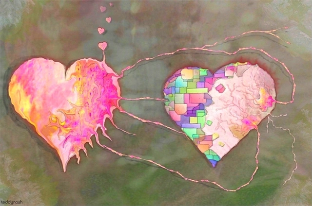 Zwei unterschiedlich gestaltete Herzen sind durch feine Linien miteinander verbunden. Die surreale Komposition symbolisiert Liebe, Verbundenheit und Gegensätze.