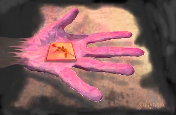 Eine geöffnete Hand trägt ein kleines Bildmotiv in ihrer Mitte. Die digitale Komposition verbindet Symbolik, Fantasie und eine traumartige Bildsprache.