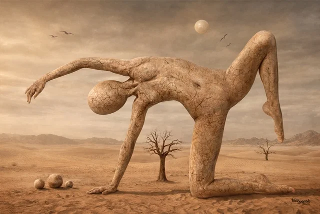 Surreale Wüstenlandschaft mit einer aus rissigem Stein geformten menschlichen Figur in akrobatischer Pose.