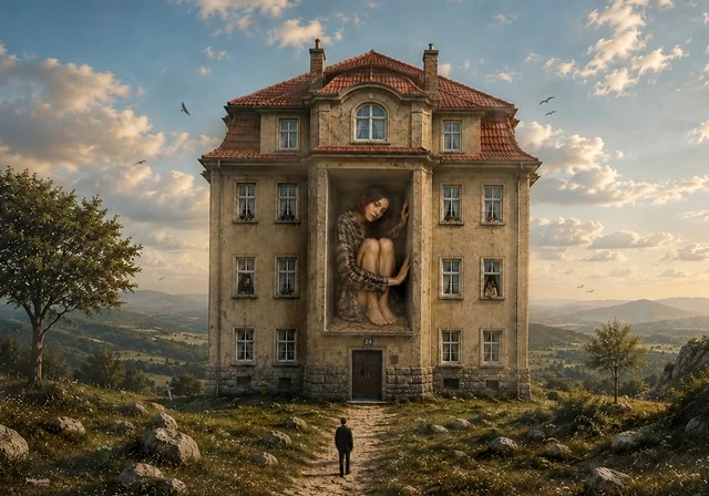 Surreales Haus in weiter Landschaft. Eine junge Frau sitzt in der Mitte des Gebäudes, während ein Besucher den Weg zum Haus entlanggeht und zum ungewöhnlichen Bauwerk aufblickt.