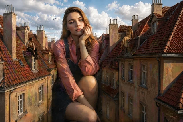 Überlebensgroße junge Frau sitzt nachdenklich zwischen den Dächern einer Altstadt. Kleine Figuren auf den Hausdächern, ein Vogel am Himmel und weiches Abendlicht verleihen der surrealen Stadtszene eine poetische Stimmung.