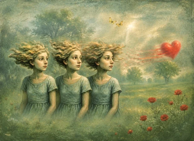 Drei junge Frauen folgen mit ihren Blicken einem roten Herz, das durch eine sanfte Traumlandschaft getragen wird. Wind, Licht, Schmetterlinge und blühender Mohn verbinden sich zu einer poetischen Szene voller Sehnsucht, Hoffnung und leiser Romantik.