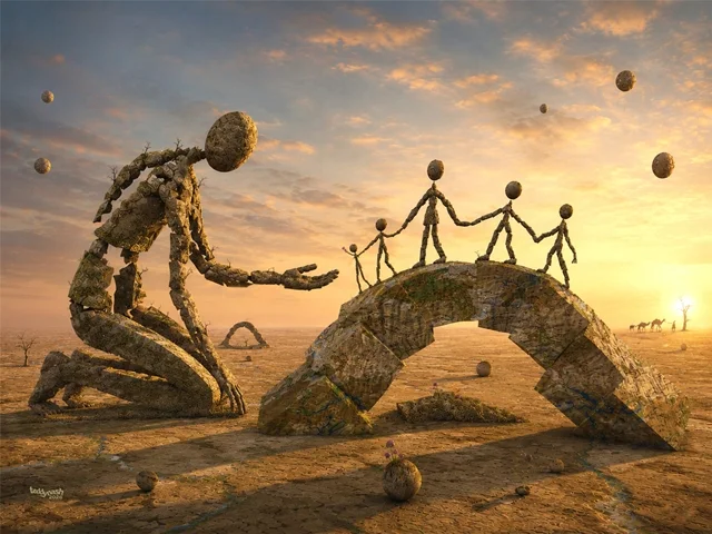 Surreale Steinfiguren in einer weiten Wüstenlandschaft bei Sonnenuntergang. Eine große kniende Figur reicht einer Gruppe kleiner Figuren auf einer steinernen Brücke die Hand. Warme Farben, lange Schatten und schwebende Kugeln verleihen dem Kunstwerk eine poetische und symbolische Atmosphäre.