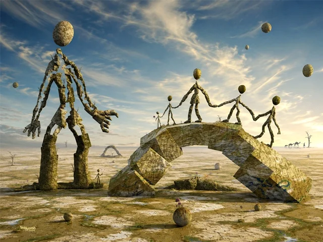 Steinerne Figuren überqueren eine bogenförmige Brücke in einer surrealen Landschaft. Eine große Figur begleitet die Gruppe aus der Ferne, während schwebende Kugeln den Himmel durchziehen. Das Kunstwerk verbindet Themen wie Gemeinschaft, Aufbruch und den gemeinsamen Weg durch das Leben.