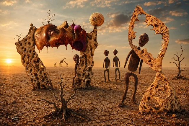 Surreale Figuren und organische Skulpturen stehen in einer trockenen afrikanischen Landschaft bei Sonnenuntergang. Warme Erdtöne, kahle Bäume und bizarre Formen prägen die Szene. Das Kunstwerk „Afrika im Sonnenuntergang“ von teddynash verbindet Fantasie, Natur und fremdartige Architektur zu einer traumähnlichen Komposition.