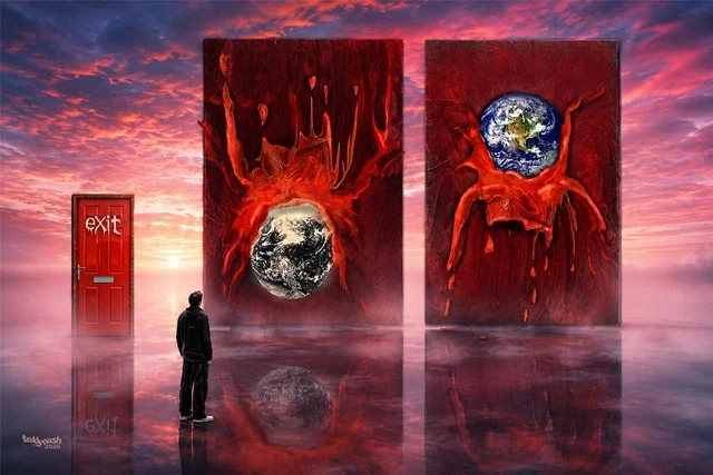 Vor einer roten Tür mit der Aufschrift „Exit“ betrachtet eine einzelne Figur zwei monumentale Tafeln, auf denen die Erde in dramatischen Farbszenen erscheint. Das Kunstwerk „Exit“ von teddynash spielt mit den Themen Aufbruch, Veränderung und den möglichen Wegen der Menschheit.